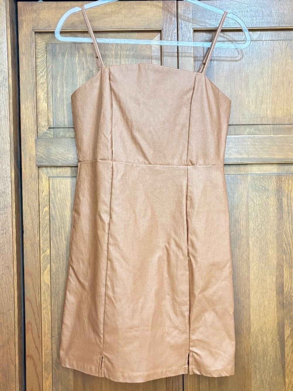 Altar’d State Faux Leather Mini Dress Tan Spaghetti Strap Fit Flare Size Large